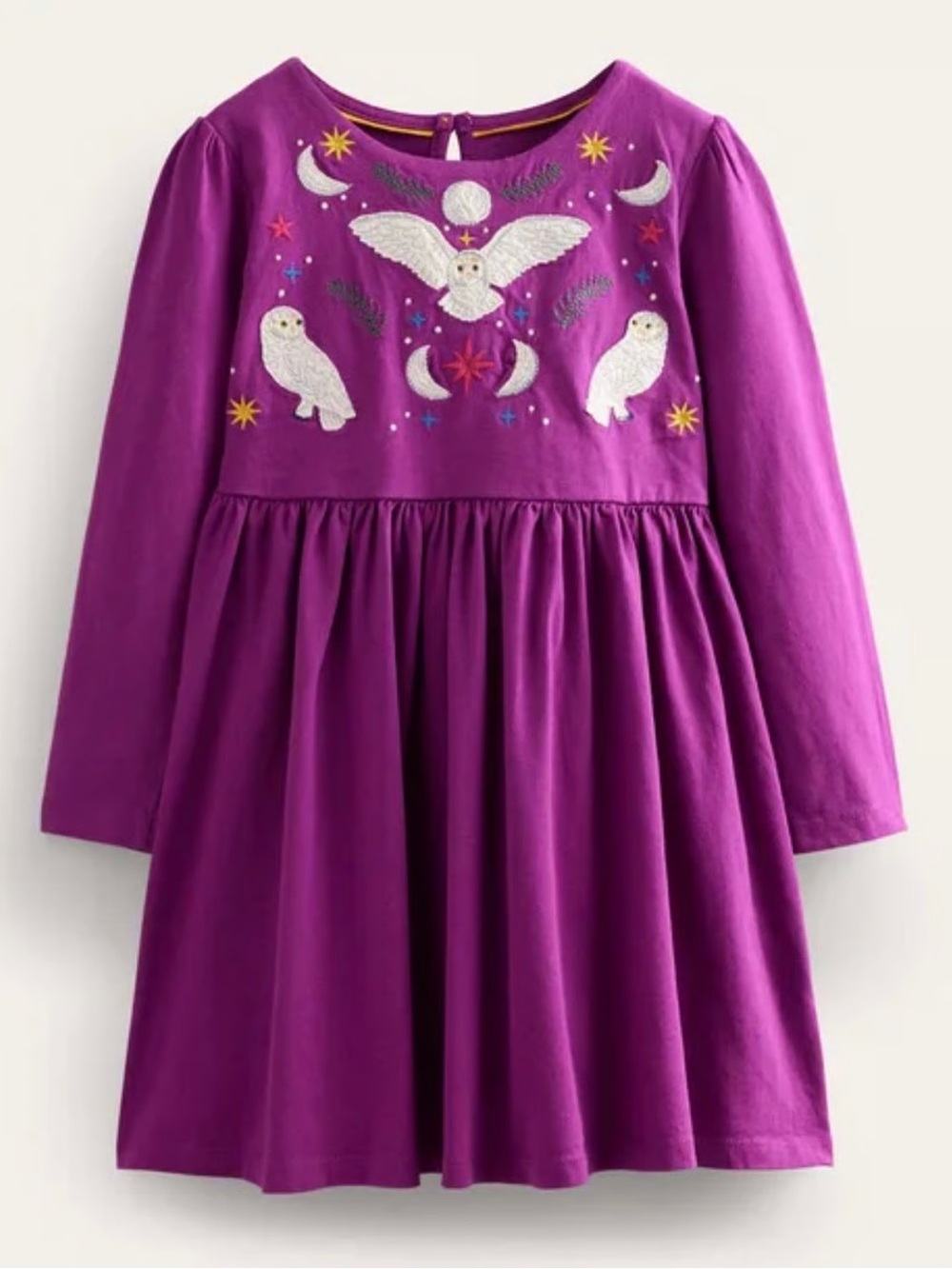 Mini Boden Purple Puff Long-Sleeve Owl Harry Potter Style Embroidered  Dress 8